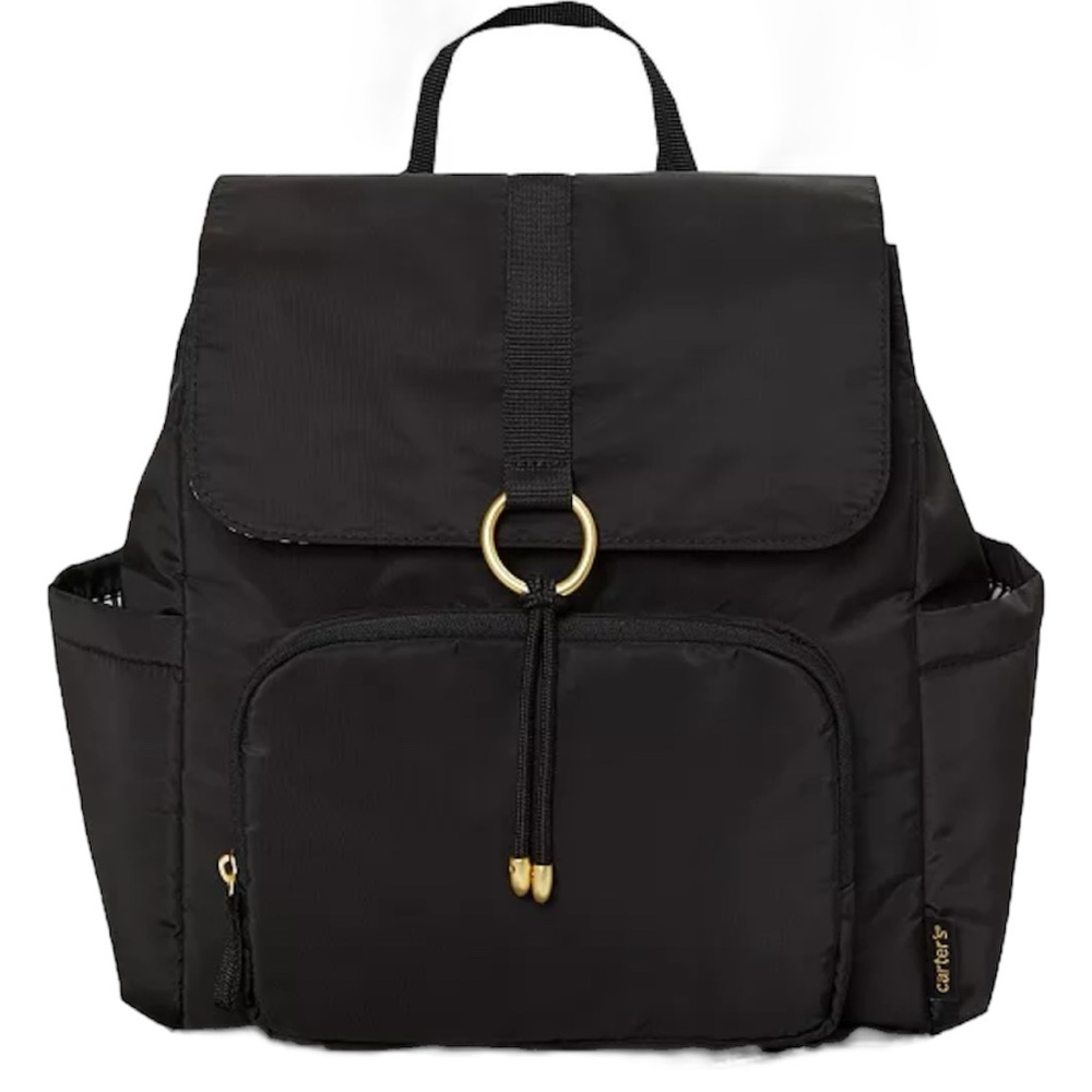 Carter's Go Everywhere Diaper Backpack Black with Metallic Gold Ring Detail